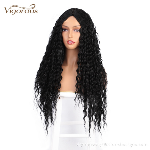Vigorous Cheap Price Long Jerry Curl Black Heat Resistant Fiber Middle Part Natural Hairline For Black Women Synthetic Hair Wigs
